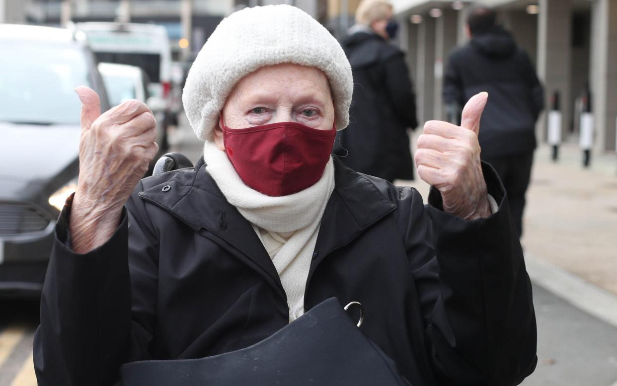 Mary Heaword, 99, after receiving the Covid-19 vaccination at the Olympic Office Centre, Wembley - Yui Mok/PA Wire