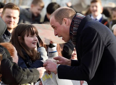 Britain's Prince William, Duke of Cambridge meets school children outside a community centre, in Dundee, Scotland, January 29, 2019. Ian Rutherford/Pool via REUTERS