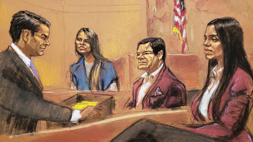 court room sketch by jane rosenberg of el chapo and emma coronel