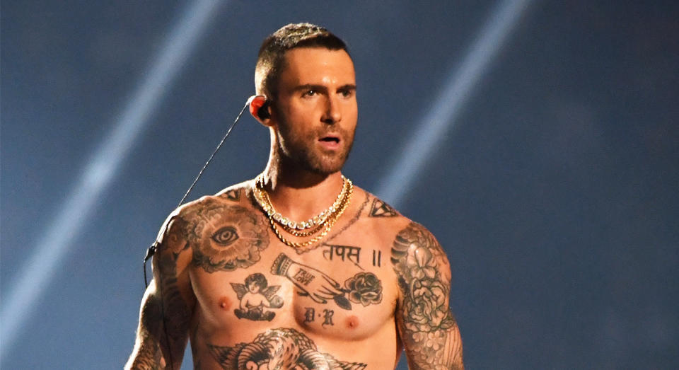 Adam Levine bared his nipples at the Super Bowl last night. [Photo: Getty]