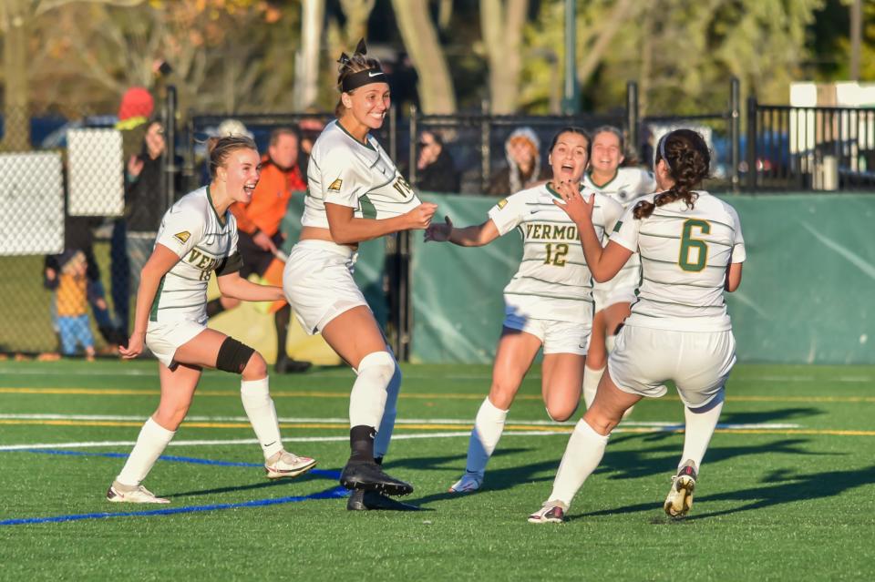 Montpelier's Cricket Basa (black headband) scores the only goal of the contest as UVM defeats UNH in the America East Women's Soccer  Championship on Sunday afternoon at UVM's Virtue Field.