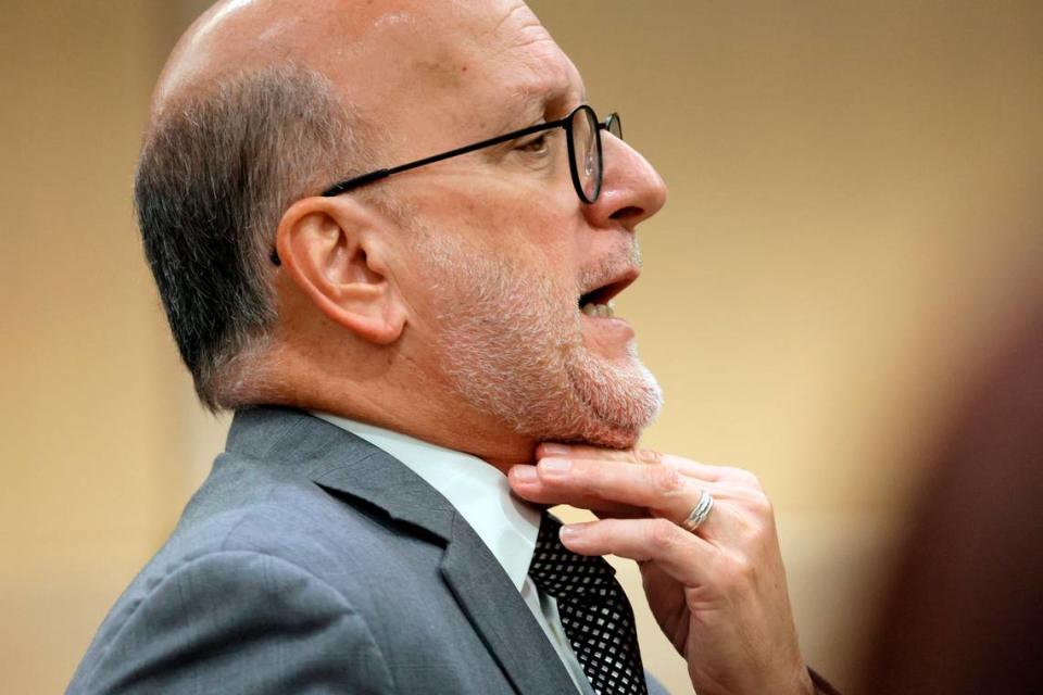 Defense attorney Stuart Adelstein gives his closing argument in the trial of Jamell Demons, better known as rapper YNW Melly, at the Broward County Courthouse in Fort Lauderdale on Thursday, July 20, 2023. Demons, 22, is accused of killing two fellow rappers and conspiring to make it look like a drive-by shooting in October 2018. (Amy Beth Bennett / South Florida Sun Sentinel)