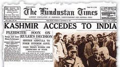 Newspaper clipping from the Hindustani Times with headline 'KASHMIR ACCEDES TO INDIA'