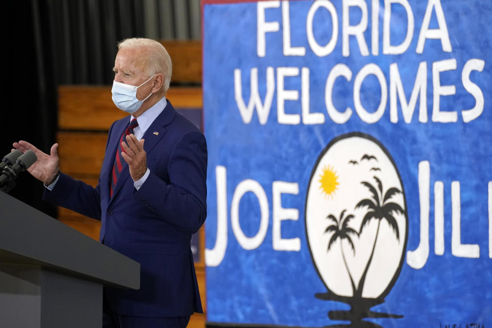 Democratic presidential candidate former Vice President Joe Biden speaks at Jose Marti Gym, Monday, Oct. 5, 2020, in Miami. (AP Photo/Andrew Harnik)