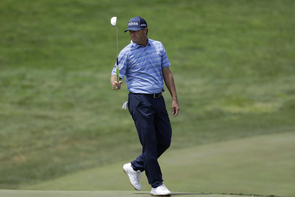 Ryan Palmer walks on the 18th green during the second round of the Memorial golf tournament, Friday, July 17, 2020, in Dublin, Ohio. (AP Photo/Darron Cummings)