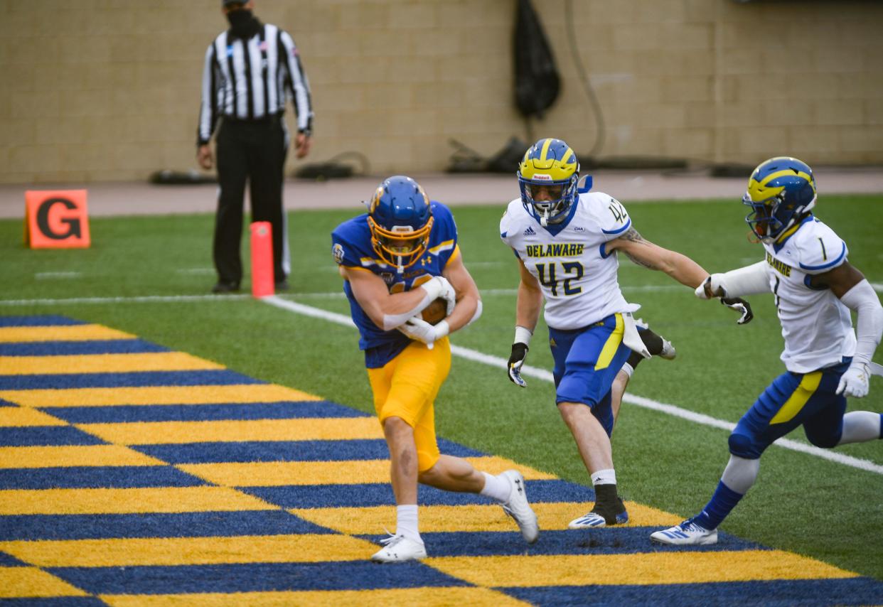 South Dakota State's Jaxon Janke runs into the end zone to score the first touchdown of the game against Delaware in the FCS semifinals on Saturday, May 8, 2021 at Dana J. Dykhouse stadium in Brookings.