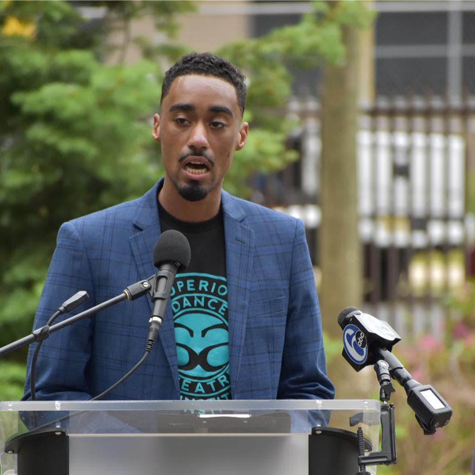 Samir Nichols, founder and executive director of Superior Arts Institute in Camden, speaks with the press. His nonprofit received a grant from the New Jersey Arts and Culture Renewal Fund.