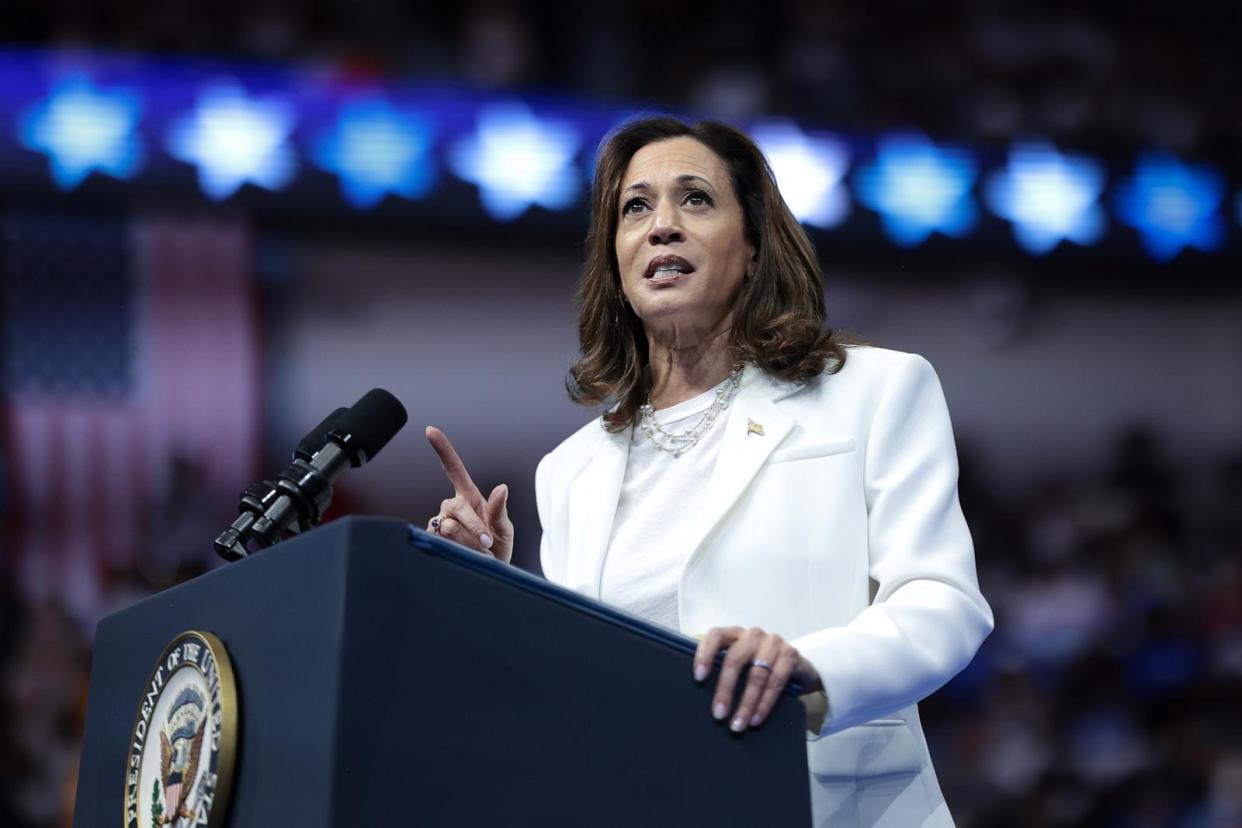 PHOTO: Democratic presidential nominee, U.S. Vice President Kamala Harris speaks at a campaign rally, Aug. 29, 2024, in Savannah, Ga. (Win Mcnamee/Getty Images)