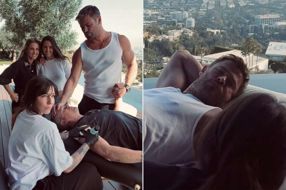 <p>Corina Weikl/Instagram</p> Chris Hemsworth and Matt Damon getting tattooed