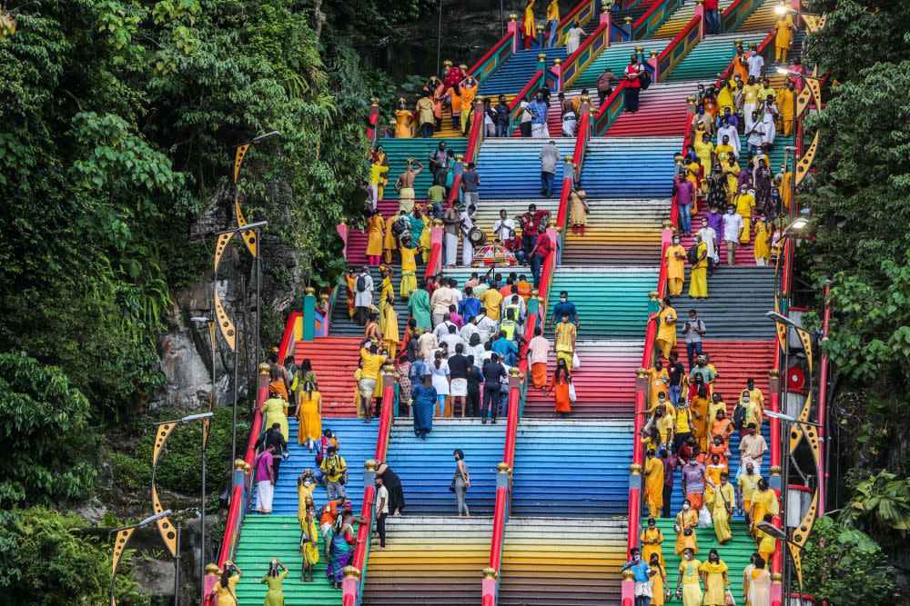 Hindu devotees throng Batu Caves during Thaipusam January 18, 2022. — Picture by Hari Anggara