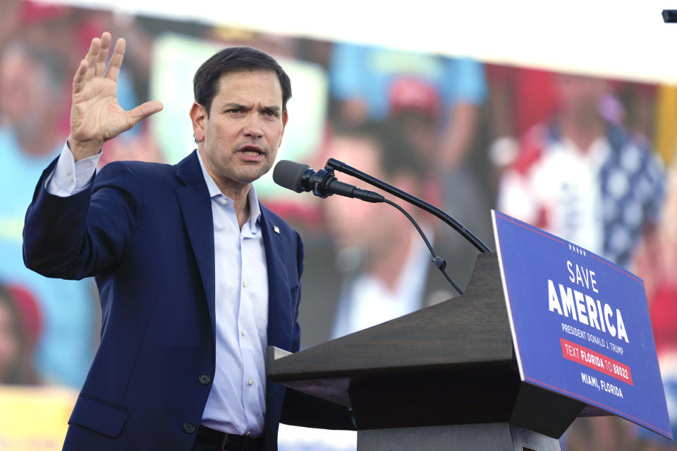 FILE - Sen. Marco Rubio, R-Fla., speaks at a campaign rally, Nov. 6, 2022, in Miami. Former President Donald Trump has narrowed his vice presidential shortlist to a handful of contenders that include Rubio, as he prepares to announce his pick in the days before, or perhaps at, next month's Republican National Convention. Trump told reporters Saturday, June 22, that he already has made his decision and that that person will be in attendance Thursday night in Atlanta at the first debate of the general election campaign with Democratic President Joe Biden.(AP Photo/Rebecca Blackwell, File)