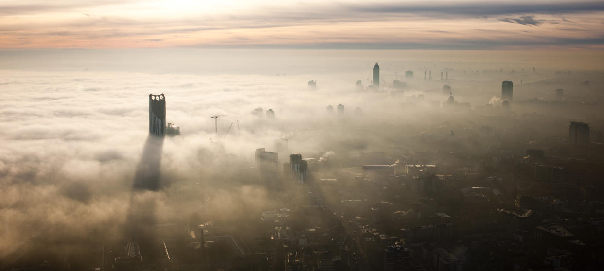 Aerial view of London city shrouded in mist. Photo: Getty