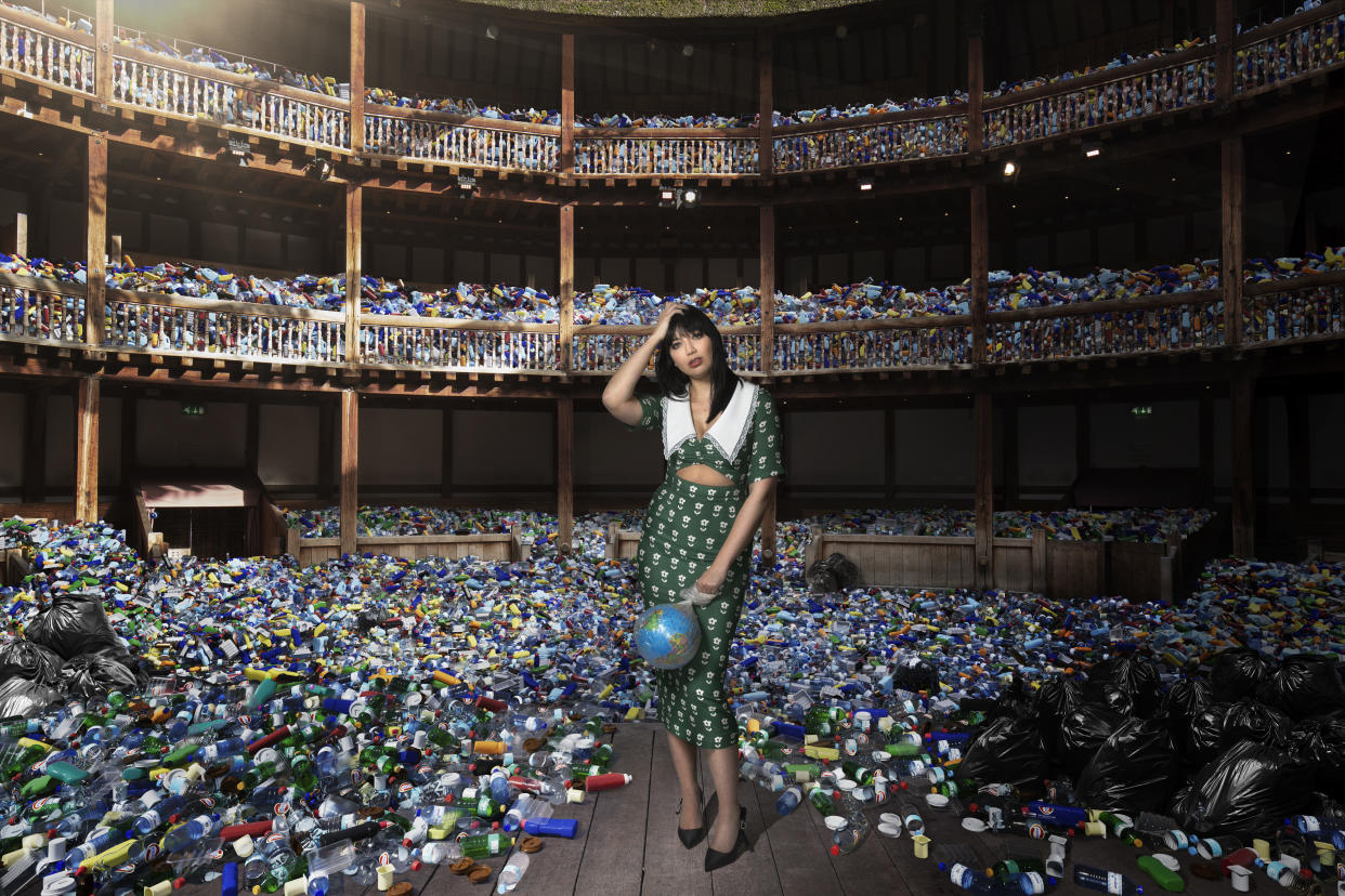 Mountains of plastic waste at Shakespeare’s Globe, London, illustrate that less than 10% of everyday plastic gets recycled in the UK