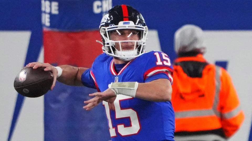 Dec 11, 2023; East Rutherford, New Jersey, USA; New York Giants quarterback Tommy DeVito (15) throws a pass during the first quarter against the Green Bay Packers at MetLife Stadium. Mandatory Credit: Robert Deutsch-USA TODAY Sports