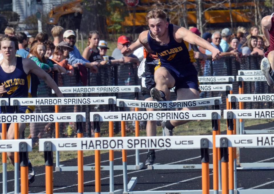 Russell Hush competes in the 110-meter hurdles during the Harbor Springs Ram Scram on Friday, April 14.