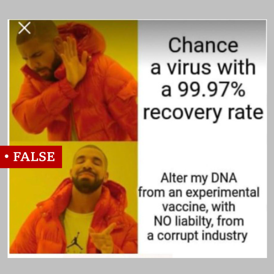 Un meme que usa la imagen del rapero Drake se usó para promover reclamos falsos sobre la vacuna. El texto dice: "Alterar mi ADN con una vacuna experimental, con NINGUNA responsabilidad de una industria corrupta"