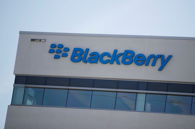 A sign is displayed on the building Blackberry's offices in Waterloo