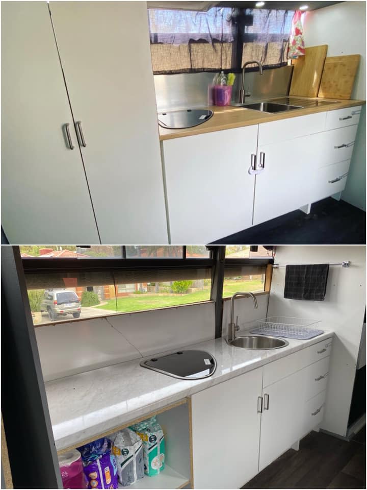 The kitchen inside the Pascoe family bus