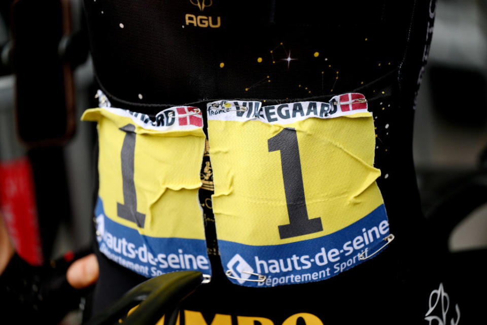 TARBES FRANCE  JULY 06 BIB number detail view of Jonas Vingegaard of Denmark and Team JumboVisma prior to the stage six of the 110th Tour de France 2023 a 1449km stage from Tarbes to CauteretsCambasque 1355m  UCIWT  on July 06 2023 in Tarbes France Photo by David RamosGetty Images