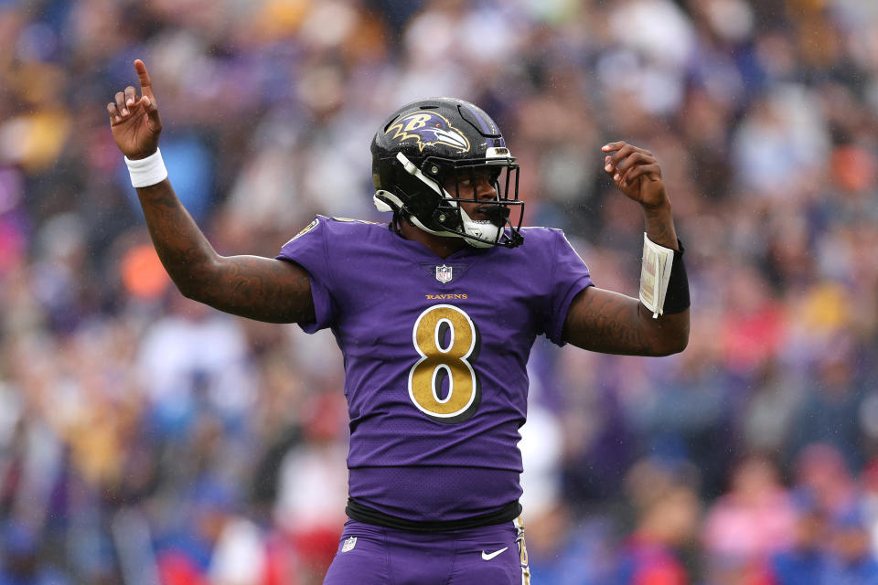 Baltimore Ravens quarterback Lamar Jackson currently has the fourth-shortest odds to win Most Valuable Player. (Photo by Patrick Smith/Getty Images)