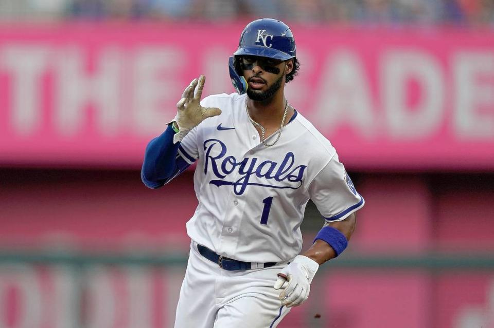 Kansas City Royals’ MJ Melendez (1) celebrates after hitting a solo home run during the first inning of a baseball game against the Boston Red Sox Thursday, Aug. 4, 2022, in Kansas City, Mo. (AP Photo/Charlie Riedel)