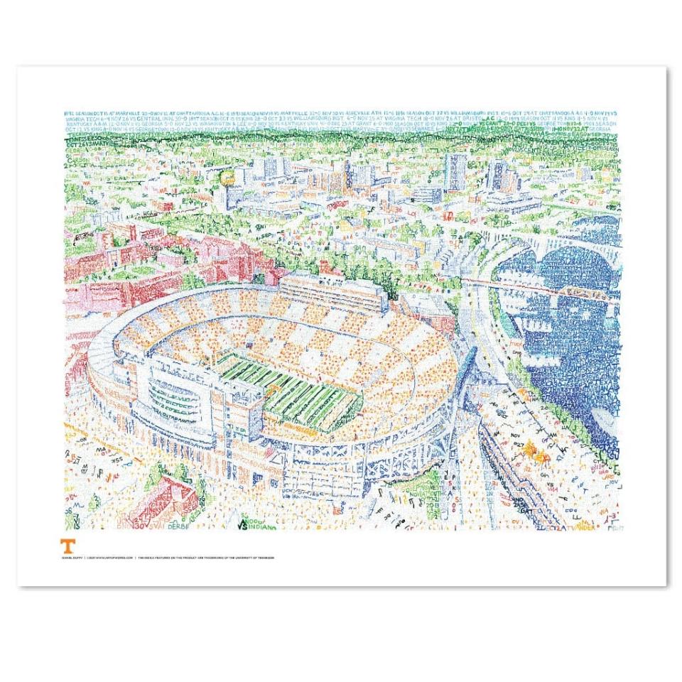 A poster-like piece of art of the area around Neyland Stadium is highlighted with scores of past victories.