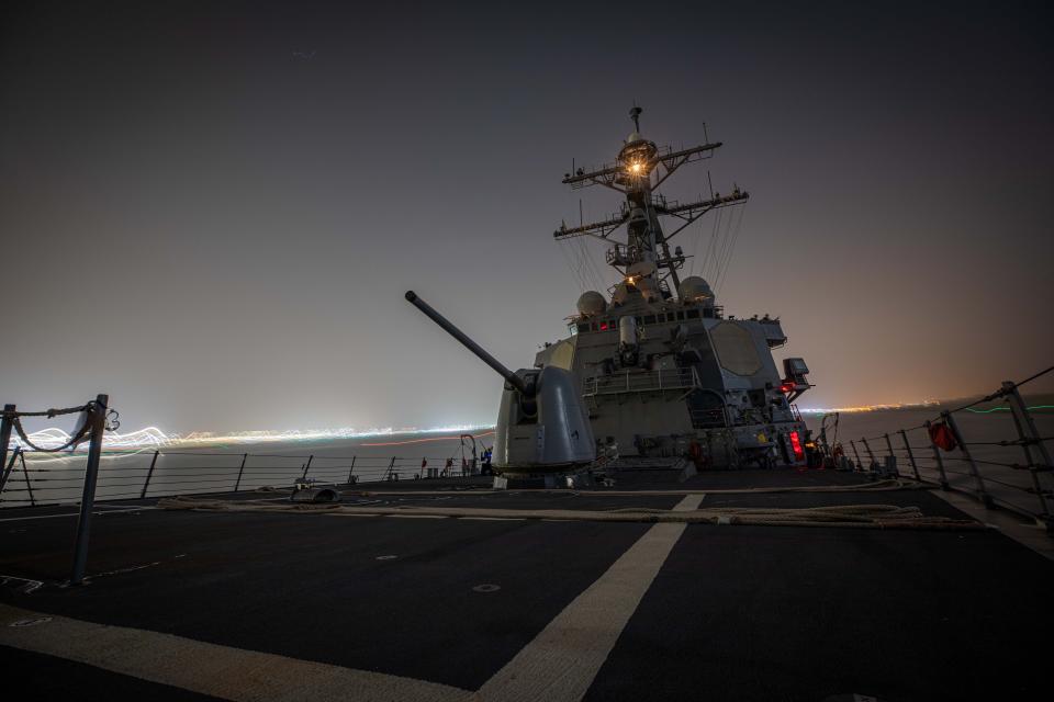 The Arleigh Burke-class guided-missile destroyer USS Carney (DDG 64) transits the Suez Canal, Nov. 26.