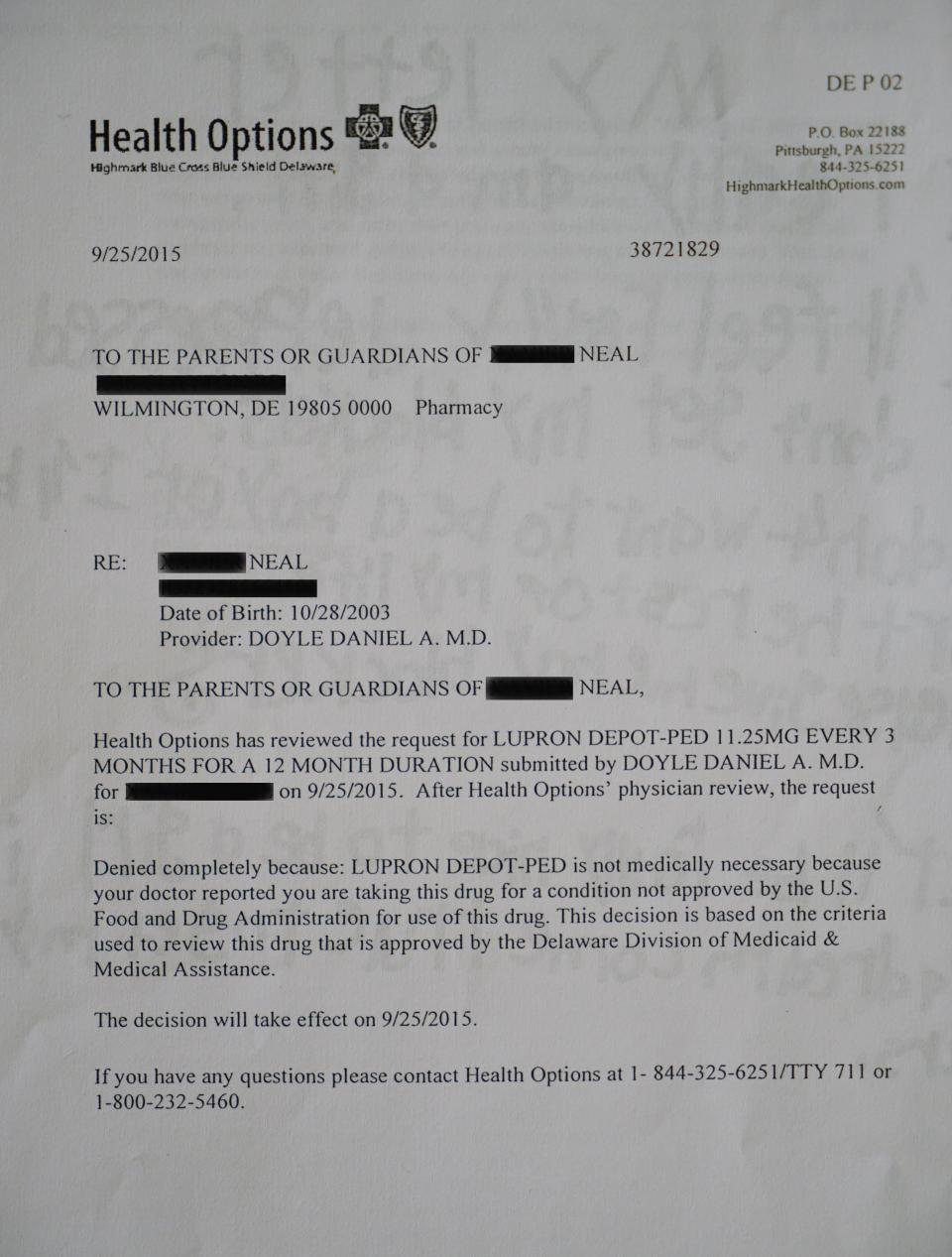 The letter from Highmark Blue Cross Blue Shield Delaware denying 13 year-old Trinity Neal from receiving Lupron Depot-Ped.  