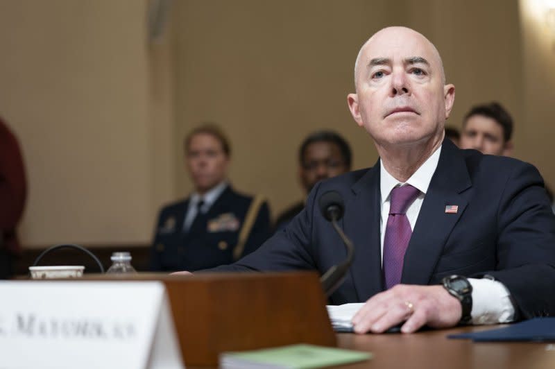 Secretary of Homeland Security Alejandro Mayorkas looks on during a House Committee on Homeland Security hearing titled "Worldwide Threats to the Homeland" at the U.S. Capitol in Washington, D.C., on Wednesday. Photo by Bonnie Cash/UPI