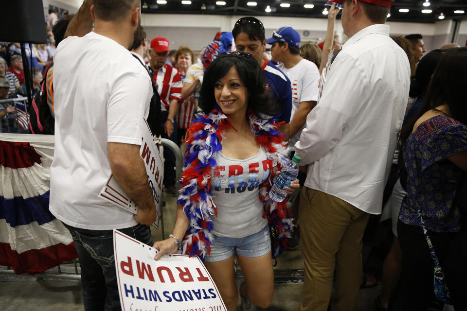 <p>Supporters of Republican presidential candidate Donald Trump arrive and wait for Trump to arrive at a campaign event in Albuquerque, N.M., Tuesday, May 24, 2016. (AP Photo/Brennan Linsley) </p>