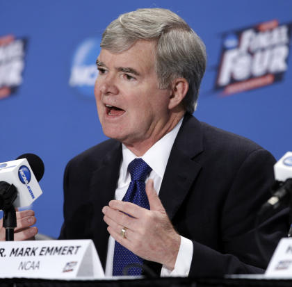 NCAA President Mark Emmert answers questions during a news conference at the Men&#39;s Final Four college basketball tournament Thursday, April 2, 2015, in Indianapolis. (AP Photo/Darron Cummings)