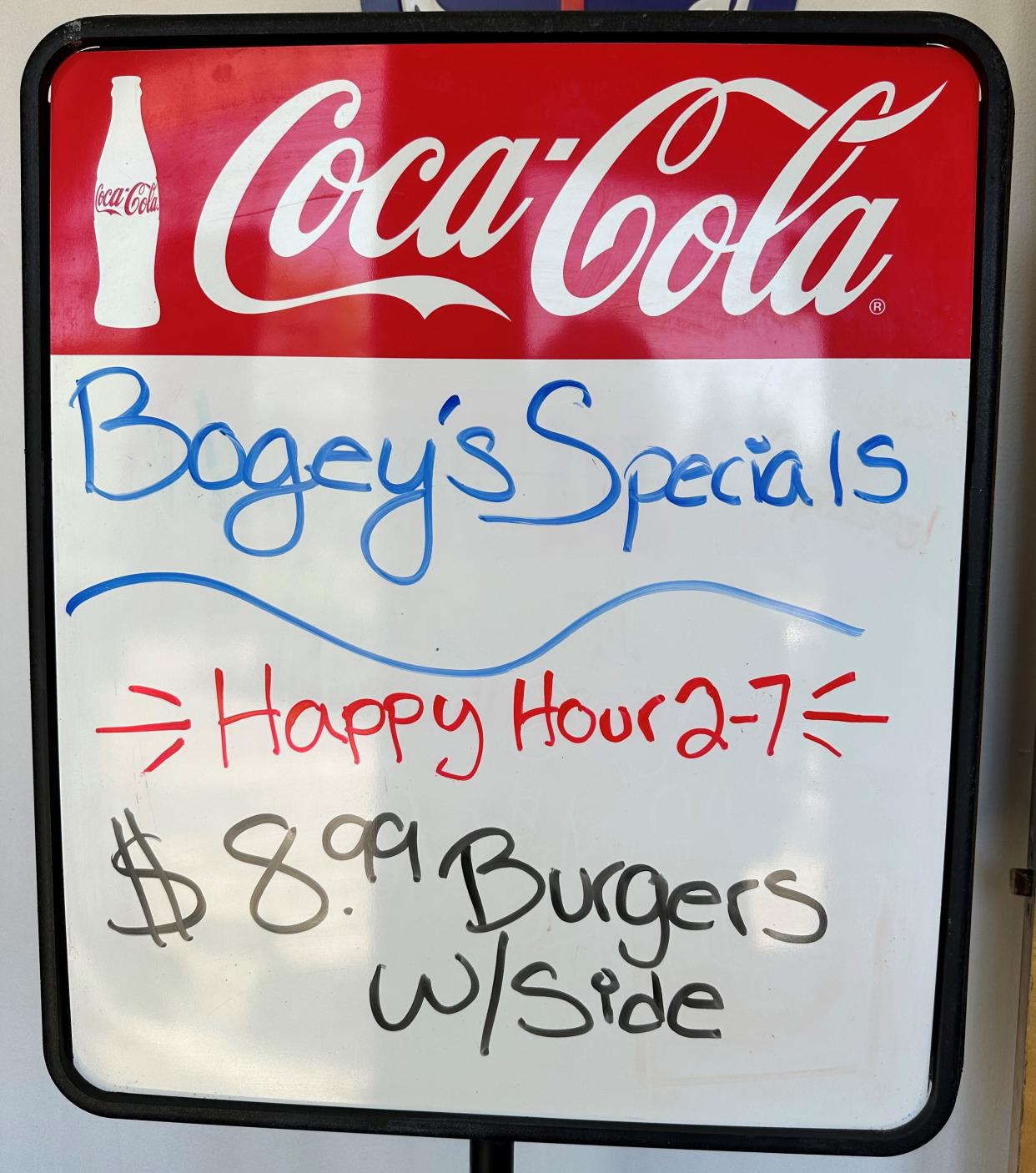 Happy hour specials change daily at Bogey's Pub & Grille at Meadowlake Golf & Swim in Plain Township.