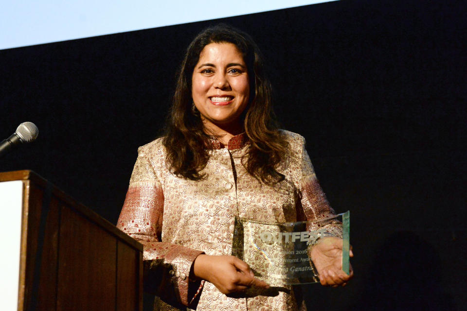 Nisha Ganatra accepts the Outfest Fusion Achievement Award during the Outfest Fusion Gala in 2016.