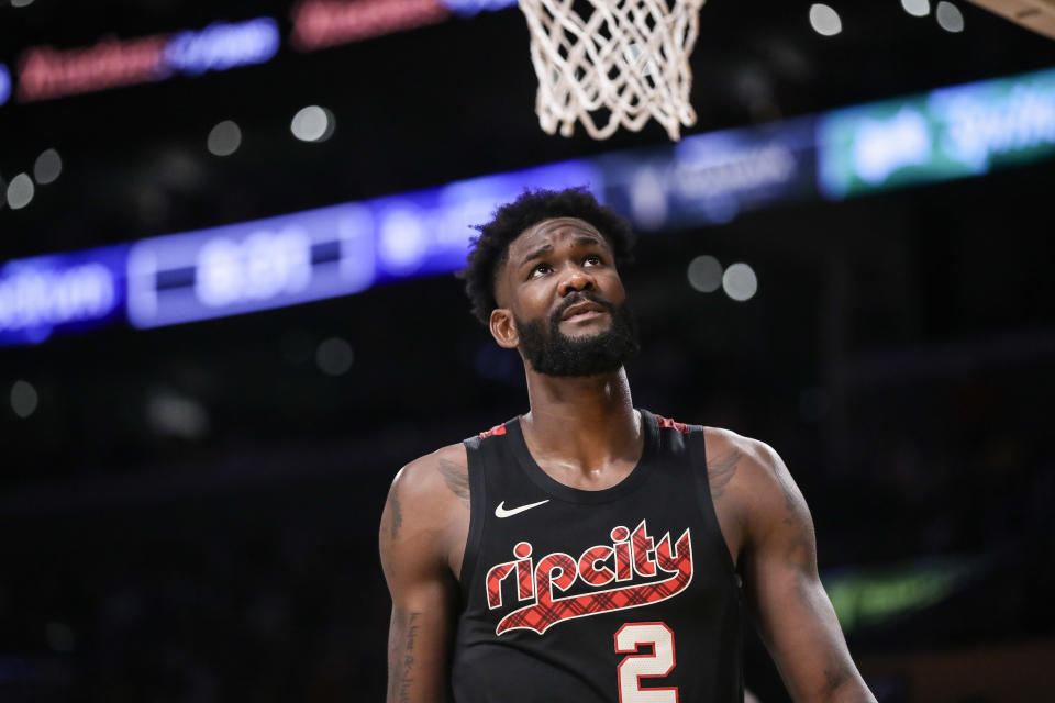 LOS ANGELES, CALIFORNIA - NOVEMBER 12: Deandre Ayton #2 of the Portland Trail Blazers reacts in the second half against the Los Angeles Lakers at Crypto.com Arena on November 12, 2023 in Los Angeles, California. NOTE TO USER: User expressly acknowledges and agrees that, by downloading and or using this photograph, User is consenting to the terms and conditions of the Getty Images License Agreement. (Photo by Meg Oliphant/Getty Images)