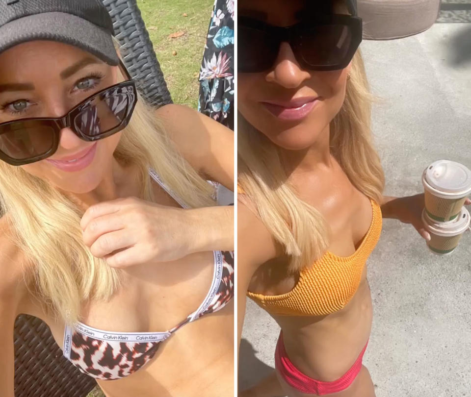 Two photos of Carrie Bickmore in a bikini