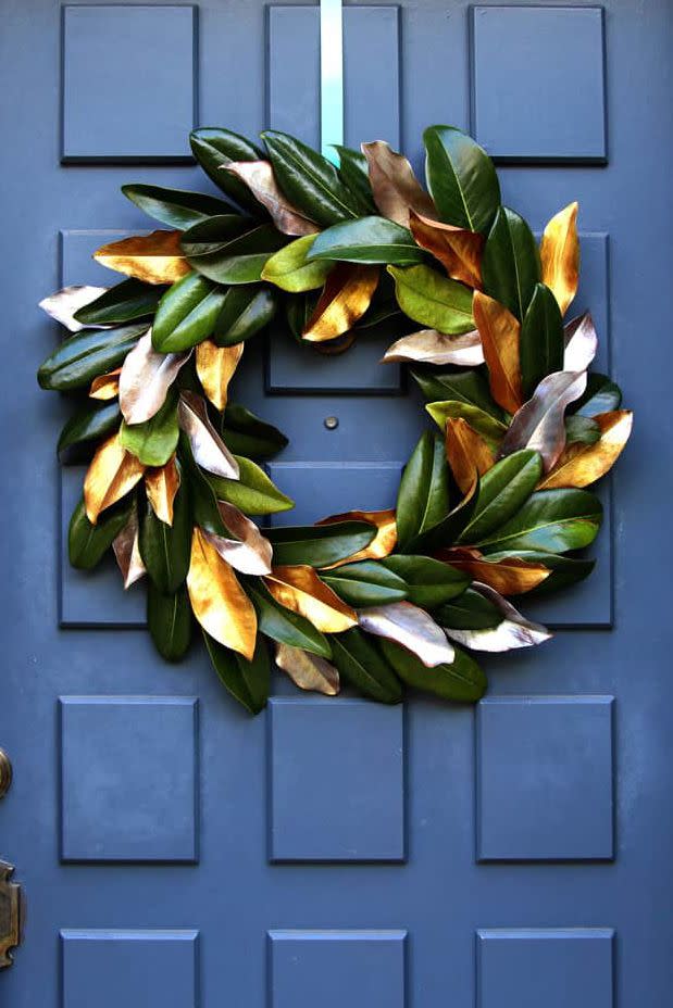 <p>A magnolia wreath is such a delightfully different option for your Thanksgiving celebrations. This beauty features warm gold and bronze leaves and an "au naturale" vibe.</p><p><strong>Get the tutorial at <a href="https://www.apieceofrainbow.com/easy-free-diy-magnolia-wreath/" rel="nofollow noopener" target="_blank" data-ylk="slk:A Piece of Rainbow;elm:context_link;itc:0;sec:content-canvas" class="link ">A Piece of Rainbow</a>.</strong></p><p><a class="link " href="https://www.amazon.com/Decoart-DECADMTL-36-4-Ameri-Americana-Metallics/dp/B01K0B3W3K/ref=as_li_ss_tl?tag=syn-yahoo-20&ascsubtag=%5Bartid%7C10050.g.22628923%5Bsrc%7Cyahoo-us" rel="nofollow noopener" target="_blank" data-ylk="slk:SHOP METALLIC PAINT;elm:context_link;itc:0;sec:content-canvas">SHOP METALLIC PAINT</a></p>