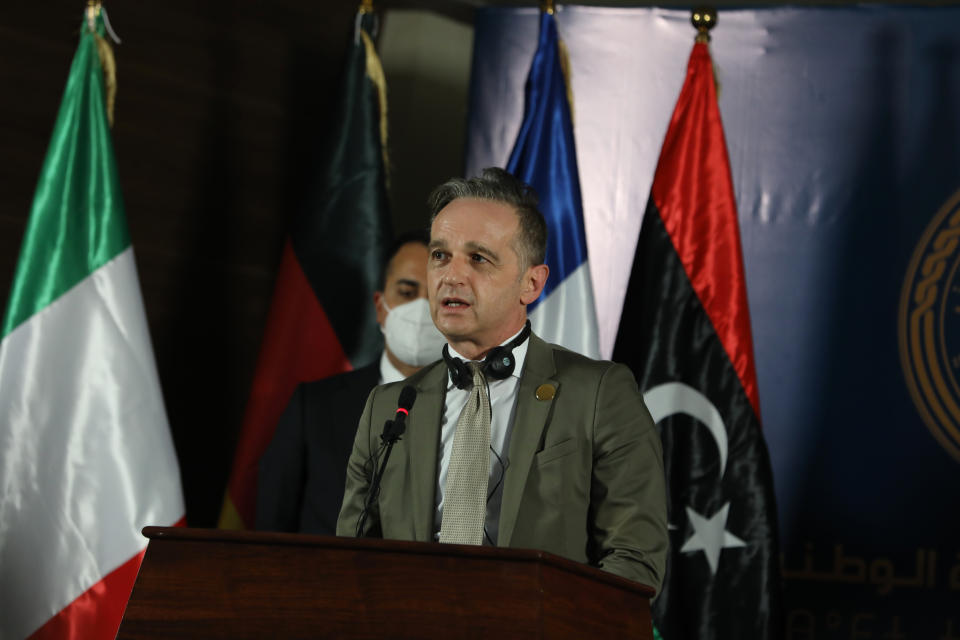 German foreign Minister Heiko Maas speaks in Tripoli, Libya, Thursday, March 25, 2021. The foreign ministers of France, Italy and Germany arrived in Tripoli Thursday, to show their support to Libya’s newly elected transitional authorities, who are expected to lead the war-stricken country through general elections end of 2021. (AP Photo/Hazem Ahmed)