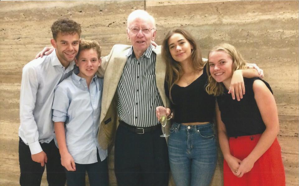 Terence (pictured with grandchildren) died in 2020 aged 87 - Dominic Frisby