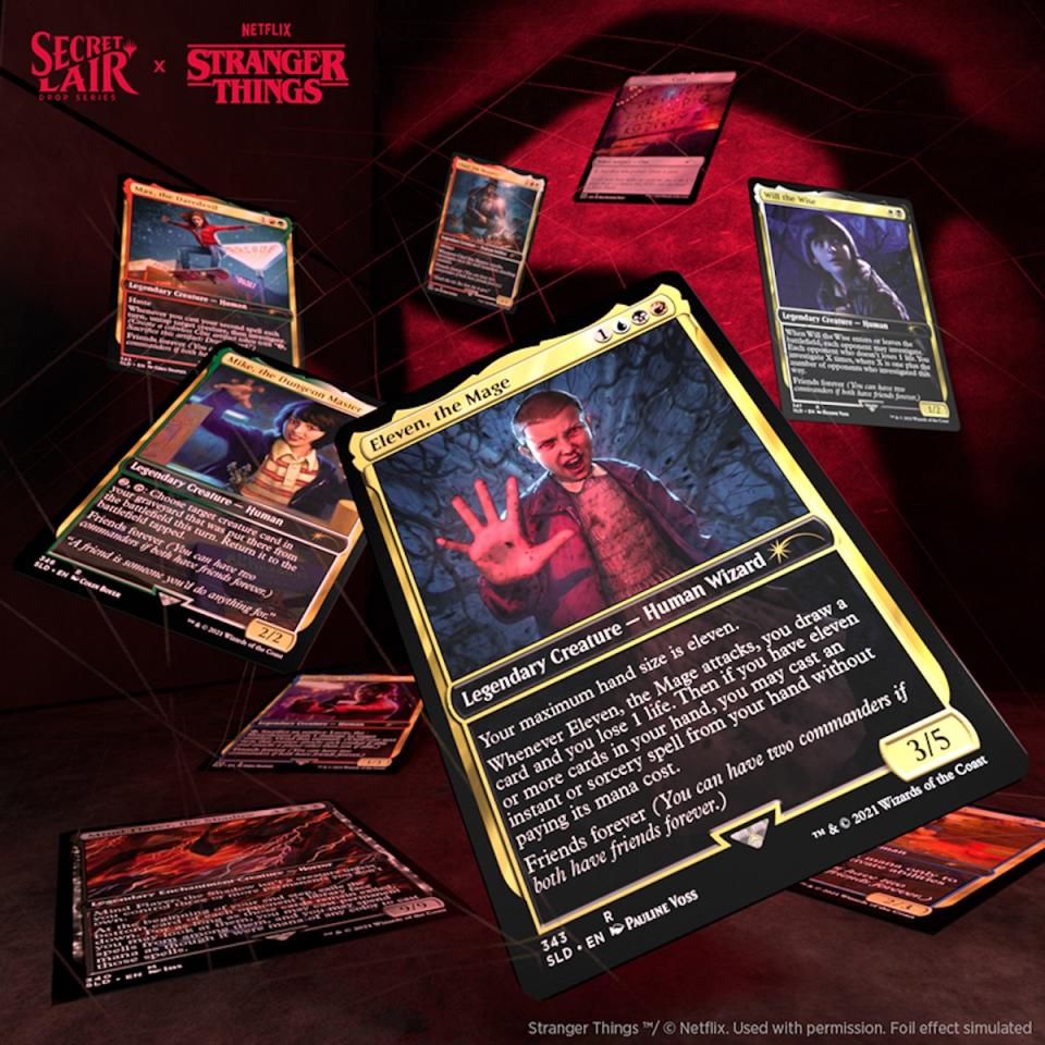 A splash page of Magic the Gathering cards featuring characters from Stranger Things