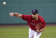Boston Red Sox starting pitcher Nathan Eovaldi throws during the first inning of the team's baseball game against the Chicago White Sox at Fenway Park, Friday, May 6, 2022, in Boston. (AP Photo/Mary Schwalm)