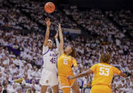 LSU guard Alexis Morris (45) shoots over Tennessee guard Jasmine Powell (15) in the first half of an NCAA college basketball game in Baton Rouge, La., Monday, Jan. 30, 2023. (AP Photo/Derick Hingle)