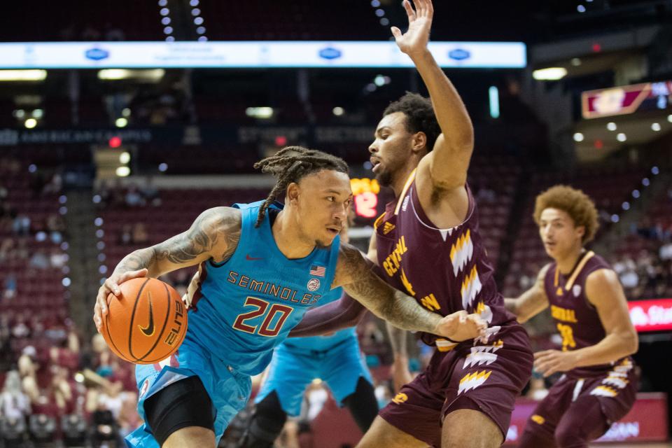 Florida State Seminoles guard Josh Nickelberry (20) drives the ball to the hoop. The Florida State Seminoles hosted the Central Michigan Chippewas on Monday, Nov. 13, 2023.