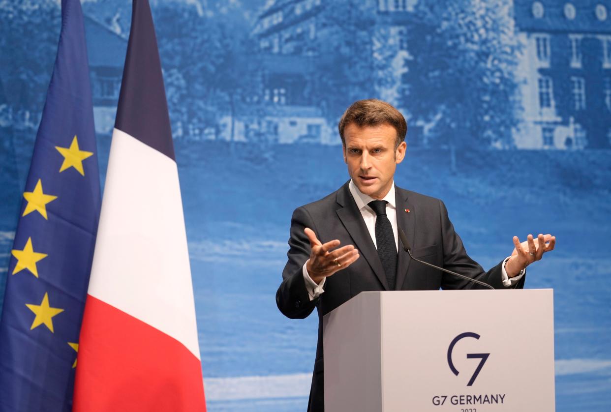 French President Emmanuel Macron addresses a media conference during the G7 summit at Castle Elmau in Kruen, Germany, on Tuesday, June 28, 2022. The Group of Seven leading economic powers are concluding their annual gathering on Tuesday. 