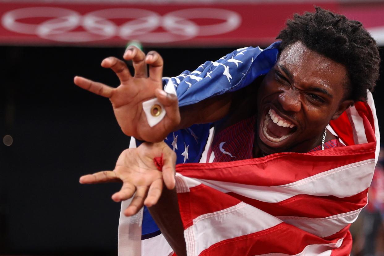 Noah Lyles of Team United States celebrates after winning the bronze medal in the Men's 200m Final on day twelve of the Tokyo 2020 Olympic Games at Olympic Stadium on August 4, 2021 in Tokyo, Japan.  (Getty Images)