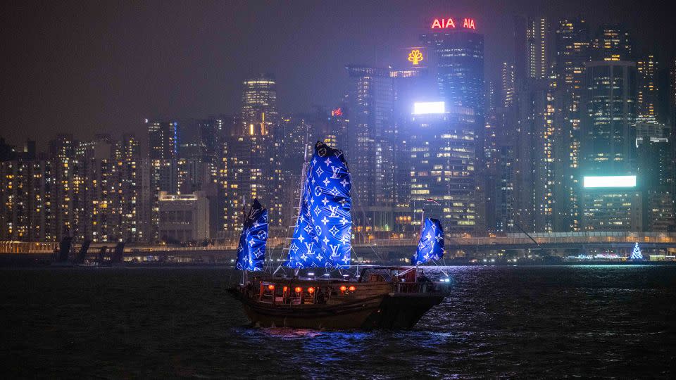 A Louis Vuitton-branded junkboat sailed through Victoria Harbour as part of the show. The brand opened their first store in the city in 1979. - Billy H.C. Kwok/Getty Images