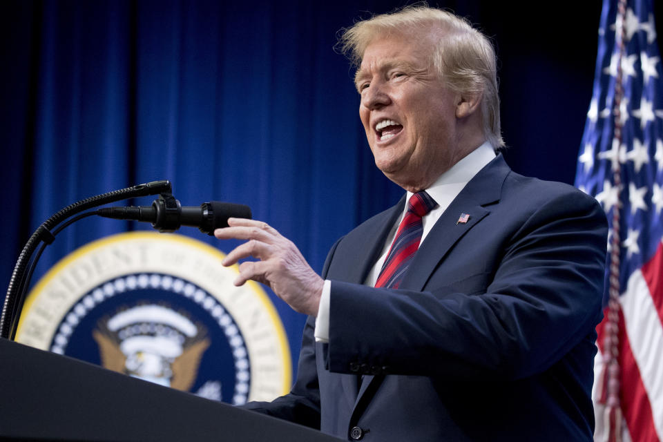 President Donald Trump speaks at an Opportunity Zone conference with state, local, tribal, and community leaders South Court Auditorium of the Eisenhower Executive Office Building, on the White House complex, Wednesday, April 17, 2019, in Washington. (AP Photo/Andrew Harnik)