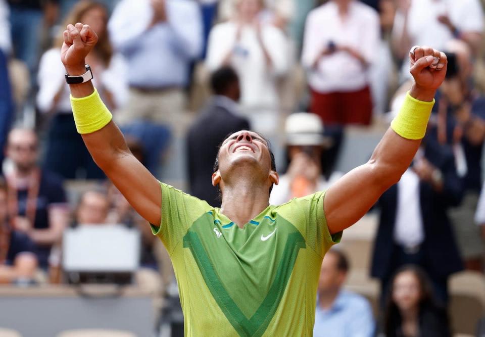 Rafael Nadal celebrates clinching victory at Roland Garros (Reuters)