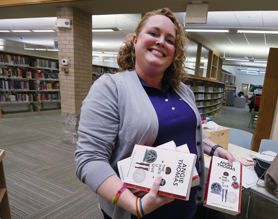 Sara Hayden Parris, founder of Annie's Foundation, at a book giveaway in Nevada. The volunteer group believes librarians and parents should be trusted to decide what's appropriate for students.