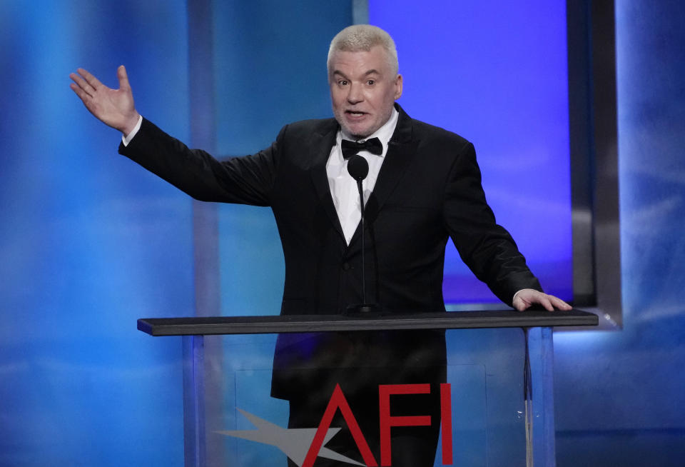 Actor Mike Myers speaks from the stage during the 49th AFI Life Achievement Award tribute to Nicole Kidman, Saturday, April 27, 2024, at the Dolby Theatre in Los Angeles. (AP Photo/Chris Pizzello)