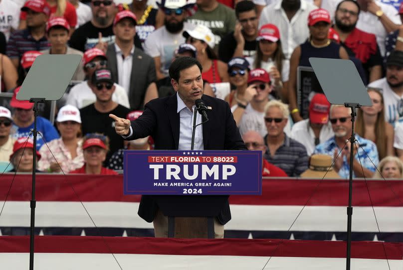 Sen. Marco Rubio, R-Fla., arrives to speak before Republican presidential candidate former President Donald Trump at a campaign rally